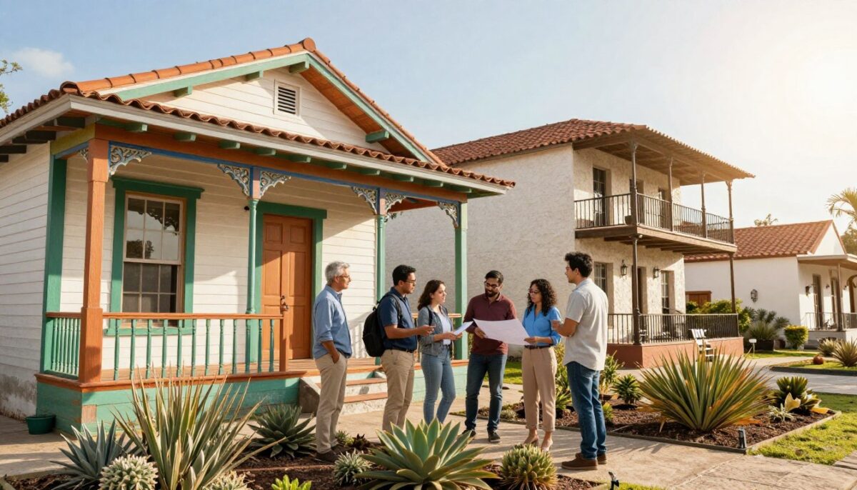A vibrant historic San Antonio neighborhood, showcasing beautifully preserved homes with their original architectural features. In the foreground, focus on a charming house with a colorful painted facade and intricate wooden trim. Adjacent, a small garden filled with native Texas plants frames the scene. In the middle, capture a diverse group of professionals in modest casual clothing discussing renovation plans, symbolizing community involvement in preservation efforts. The background features traditional San Antonio homes with terracotta roofs and wrought-iron balconies, under a clear blue sky. Soft, warm sunlight bathes the scene, creating a welcoming atmosphere, while a slight lens flare adds to the aesthetic. The image evokes a sense of history and collaboration, highlighting the cultural richness of historic neighborhoods.