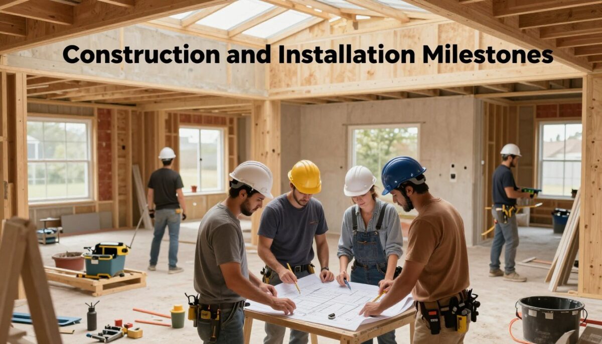 A visually engaging representation of "Construction and Installation Milestones" within a home remodeling context. In the foreground, a well-organized construction site featuring a diverse group of professionals in hard hats and work attire collaborating on plans, measuring materials, and discussing layouts. The middle ground shows partially constructed walls and beams, along with tools and equipment scattered around, showcasing an active work environment. In the background, framed windows and doors can be seen, indicating progress. Soft, natural light filters through an overhead skylight, creating a warm and focused atmosphere. The perspective is slightly elevated, providing an overview of the bustling scene while highlighting the various milestones in the remodeling process. The mood is industrious and hopeful, reflecting both creativity and expertise in home construction. A visually engaging representation of "Construction and Installation Milestones" within a home remodeling context. In the foreground, a well-organized construction site featuring a diverse group of professionals in hard hats and work attire collaborating on plans, measuring materials, and discussing layouts. The middle ground shows partially constructed walls and beams, along with tools and equipment scattered around, showcasing an active work environment. In the background, framed windows and doors can be seen, indicating progress. Soft, natural light filters through an overhead skylight, creating a warm and focused atmosphere. The perspective is slightly elevated, providing an overview of the bustling scene while highlighting the various milestones in the remodeling process. The mood is industrious and hopeful, reflecting both creativity and expertise in home construction.