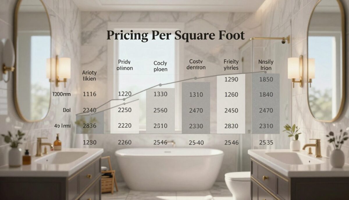 A visually striking, detailed illustration of a bathroom renovation cost breakdown, focusing on "Pricing Per Square Foot." In the foreground, a sleek, modern bathroom design featuring high-end fixtures, elegant tiles, and stylish lighting elements. The middle ground should include a clear, informative visual chart or graph displaying various pricing tiers for different materials and finishes, elegantly integrated into the bathroom scene. The background features a soft-focus view of construction tools subtly indicating a remodel activity. The lighting is soft and natural, mimicking sunlight entering through a frosted window, creating an inviting and professional atmosphere. Aim for a clean and polished look, suitable for an informative article on home remodeling costs.