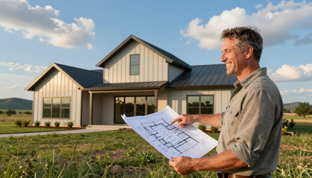 A welcoming scene of a trusted barndominium builder service in Texas, featuring a friendly, professional builder in modest casual clothing, pointing at blueprints in front of a beautiful, completed barndominium. In the foreground, the builder holds a set of architectural plans, showcasing modern design elements. In the middle ground, a meticulously crafted barndominium, with metal siding and large windows, reflects the sunlight, surrounded by Texas hill country greenery. The background reveals rolling hills against a vivid blue sky with fluffy white clouds. The atmosphere is warm and inviting, conveying trust and expertise. The scene is well-lit with soft, golden hour lighting, and captured with a wide-angle lens to emphasize the structure's grandeur and the surround landscape. A welcoming scene of a trusted barndominium builder service in Texas, featuring a friendly, professional builder in modest casual clothing, pointing at blueprints in front of a beautiful, completed barndominium. In the foreground, the builder holds a set of architectural plans, showcasing modern design elements. In the middle ground, a meticulously crafted barndominium, with metal siding and large windows, reflects the sunlight, surrounded by Texas hill country greenery. The background reveals rolling hills against a vivid blue sky with fluffy white clouds. The atmosphere is warm and inviting, conveying trust and expertise. The scene is well-lit with soft, golden hour lighting, and captured with a wide-angle lens to emphasize the structure's grandeur and the surround landscape.