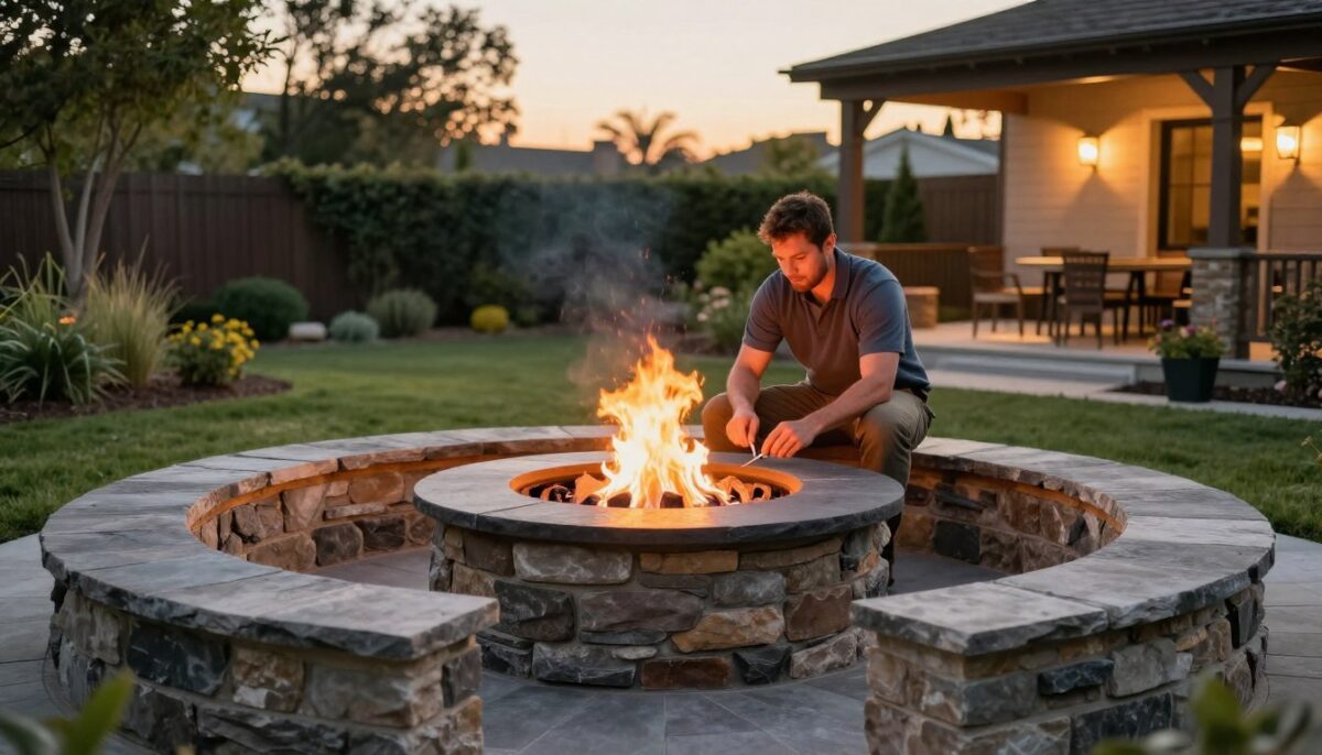 A well-constructed outdoor fire pit in a serene backyard setting, showcasing safe materials and design techniques. In the foreground, a circular stone fire pit with a slate top, surrounded by sturdy, weather-resistant seating. In the middle ground, a professional contractor in modest casual attire demonstrates proper construction methods, emphasizing safety features like distance from flammable materials. The background features a lush garden, low trees, and a cozy pergola with soft ambient lighting as the sun sets, casting a warm golden glow. The scene captures a peaceful yet responsible approach to backyard fire pits, highlighting safety and professional workmanship, with a focus on creating an inviting retreat. A well-constructed outdoor fire pit in a serene backyard setting, showcasing safe materials and design techniques. In the foreground, a circular stone fire pit with a slate top, surrounded by sturdy, weather-resistant seating. In the middle ground, a professional contractor in modest casual attire demonstrates proper construction methods, emphasizing safety features like distance from flammable materials. The background features a lush garden, low trees, and a cozy pergola with soft ambient lighting as the sun sets, casting a warm golden glow. The scene captures a peaceful yet responsible approach to backyard fire pits, highlighting safety and professional workmanship, with a focus on creating an inviting retreat.