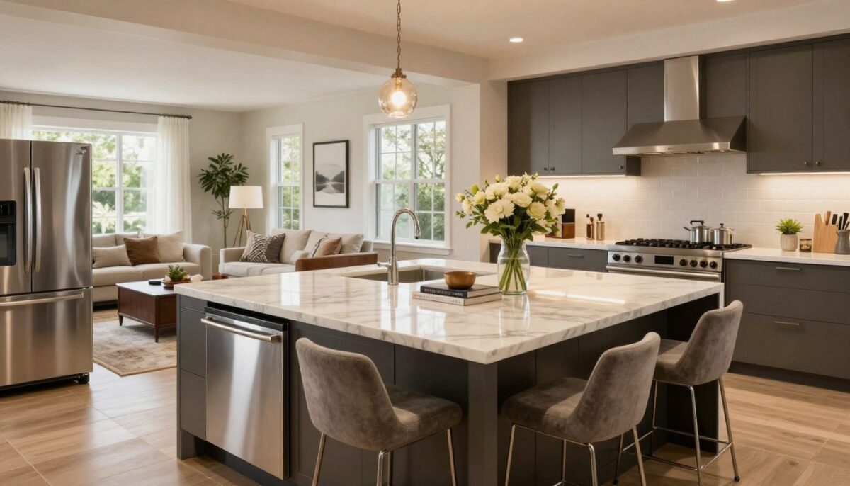 An elegant open-plan kitchen featuring a large, central kitchen island, with a polished marble countertop and stylish bar stools arranged neatly around it. The foreground showcases modern kitchen appliances in sleek stainless steel, while the middle ground highlights the island with decorative elements like a vase of fresh flowers and a few culinary books. In the background, large windows allow natural light to flood in, illuminating the space with a warm glow. Open living spaces are visible, integrating the kitchen with a cozy living area furnished with contemporary décor. The atmosphere is inviting and chic, evoking a sense of modern homeliness. The image is taken from a slightly elevated angle to capture the spacious layout, enhancing the feeling of openness in the design. An elegant open-plan kitchen featuring a large, central kitchen island, with a polished marble countertop and stylish bar stools arranged neatly around it. The foreground showcases modern kitchen appliances in sleek stainless steel, while the middle ground highlights the island with decorative elements like a vase of fresh flowers and a few culinary books. In the background, large windows allow natural light to flood in, illuminating the space with a warm glow. Open living spaces are visible, integrating the kitchen with a cozy living area furnished with contemporary décor. The atmosphere is inviting and chic, evoking a sense of modern homeliness. The image is taken from a slightly elevated angle to capture the spacious layout, enhancing the feeling of openness in the design.