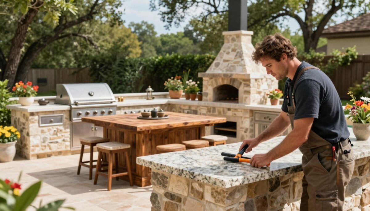 An outdoor kitchen builder in San Antonio working meticulously on an elegant outdoor kitchen setup. In the foreground, a skilled builder, dressed in a professional attire, is installing a granite countertop while using high-quality tools. The middle ground features a well-designed outdoor kitchen that includes a stainless steel grill, a stone pizza oven, and a spacious, rustic wooden island surrounded by bar stools. Lush greenery and vibrant flowers frame the scene, providing a welcoming atmosphere. In the background, tall trees and a bright blue sky hint at a warm, sunny day, creating an inviting mood. Soft, natural lighting enhances the details of the kitchen materials, while a slight depth of field draws focus to the builder's craftsmanship.