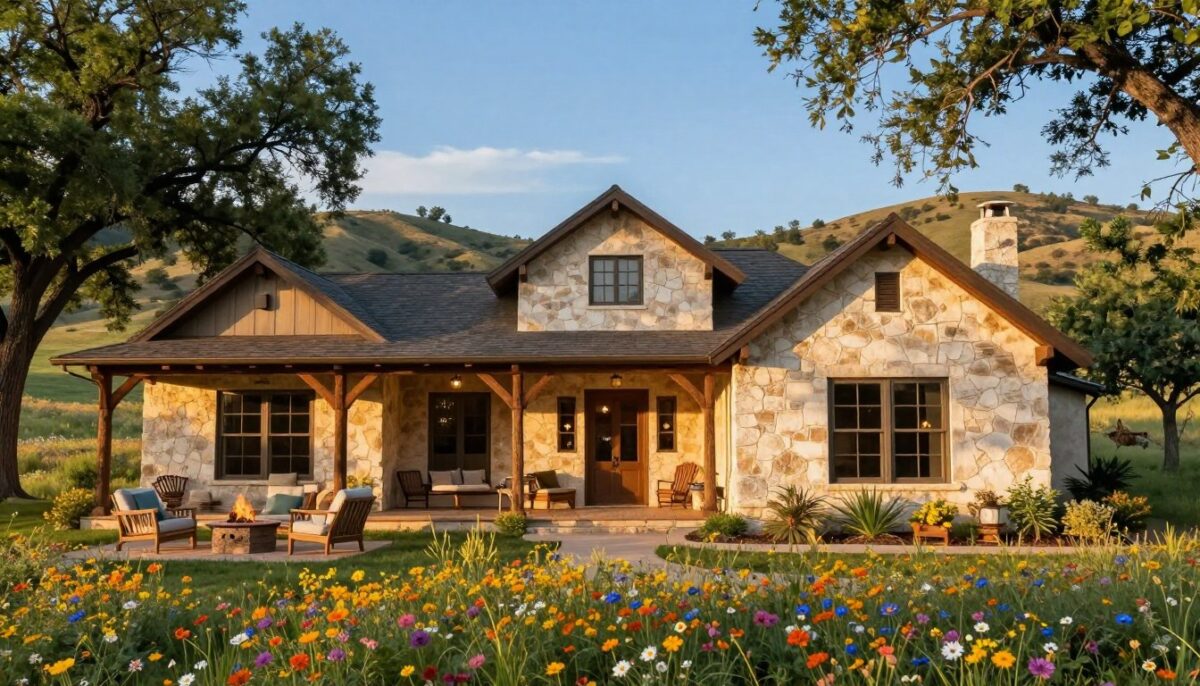 A beautiful Texas Hill Country custom home nestled among rolling hills and native wildflowers. In the foreground, a welcoming front porch with rustic wooden beams and a stone facade showcases the home’s unique architectural features. The middle ground reveals spacious outdoor living areas, complete with comfortable seating and a fire pit, inviting relaxation in the warm Texas sun. Lush green trees surround the property, with a glimpse of the iconic blue sky above. The background features distant hills, creating a serene and picturesque backdrop. Soft, golden hour lighting casts a warm glow over the scene, enhancing the inviting atmosphere and highlighting the home’s details. The mood is peaceful and welcoming, embodying the Texas lifestyle.