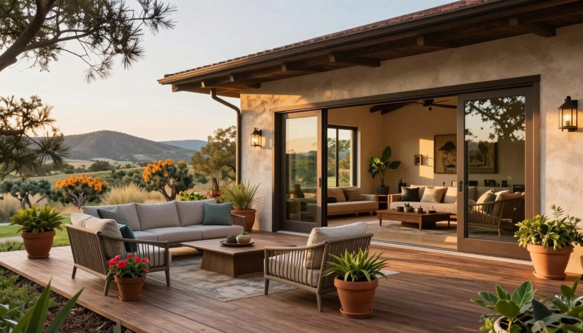 A beautifully designed indoor-outdoor living space that seamlessly integrates with the Texas Hill Country environment. In the foreground, a spacious wooden deck adorned with elegant outdoor furniture, showcasing cozy seating areas surrounded by vibrant potted plants. The middle ground features large sliding glass doors that open to a modern, airy living room decorated with earthy tones and natural materials, creating a warm atmosphere. In the background, rolling hills and native Texas flora are illuminated by soft, golden hour sunlight, enhancing the serene ambiance. The scene captures the blending of indoor comfort with outdoor beauty, evoking a tranquil, luxurious lifestyle that harmonizes with the Texas climate. The image should use a wide-angle perspective to emphasize spaciousness and tranquility, with soft shadows and natural light. A beautifully designed indoor-outdoor living space that seamlessly integrates with the Texas Hill Country environment. In the foreground, a spacious wooden deck adorned with elegant outdoor furniture, showcasing cozy seating areas surrounded by vibrant potted plants. The middle ground features large sliding glass doors that open to a modern, airy living room decorated with earthy tones and natural materials, creating a warm atmosphere. In the background, rolling hills and native Texas flora are illuminated by soft, golden hour sunlight, enhancing the serene ambiance. The scene captures the blending of indoor comfort with outdoor beauty, evoking a tranquil, luxurious lifestyle that harmonizes with the Texas climate. The image should use a wide-angle perspective to emphasize spaciousness and tranquility, with soft shadows and natural light.