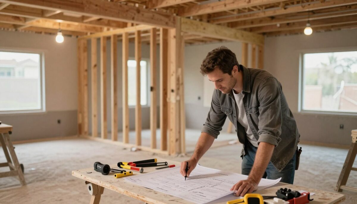 A dynamic scene showcasing structural changes during a home renovation. In the foreground, a professional contractor in modest casual clothing inspects blueprints spread on a table, surrounded by tools and materials. In the middle ground, a partially demolished wall reveals new beams and supports, symbolizing transformation. Bright construction lights illuminate the space, creating a warm, industrious atmosphere. In the background, the outlines of framed windows and new drywall suggest ongoing renovations. Incorporate a balanced composition from a slightly elevated angle to capture the depth of the renovation work. The mood should convey a sense of progress and innovation, with rich, warm colors that evoke a welcoming environment. A dynamic scene showcasing structural changes during a home renovation. In the foreground, a professional contractor in modest casual clothing inspects blueprints spread on a table, surrounded by tools and materials. In the middle ground, a partially demolished wall reveals new beams and supports, symbolizing transformation. Bright construction lights illuminate the space, creating a warm, industrious atmosphere. In the background, the outlines of framed windows and new drywall suggest ongoing renovations. Incorporate a balanced composition from a slightly elevated angle to capture the depth of the renovation work. The mood should convey a sense of progress and innovation, with rich, warm colors that evoke a welcoming environment.