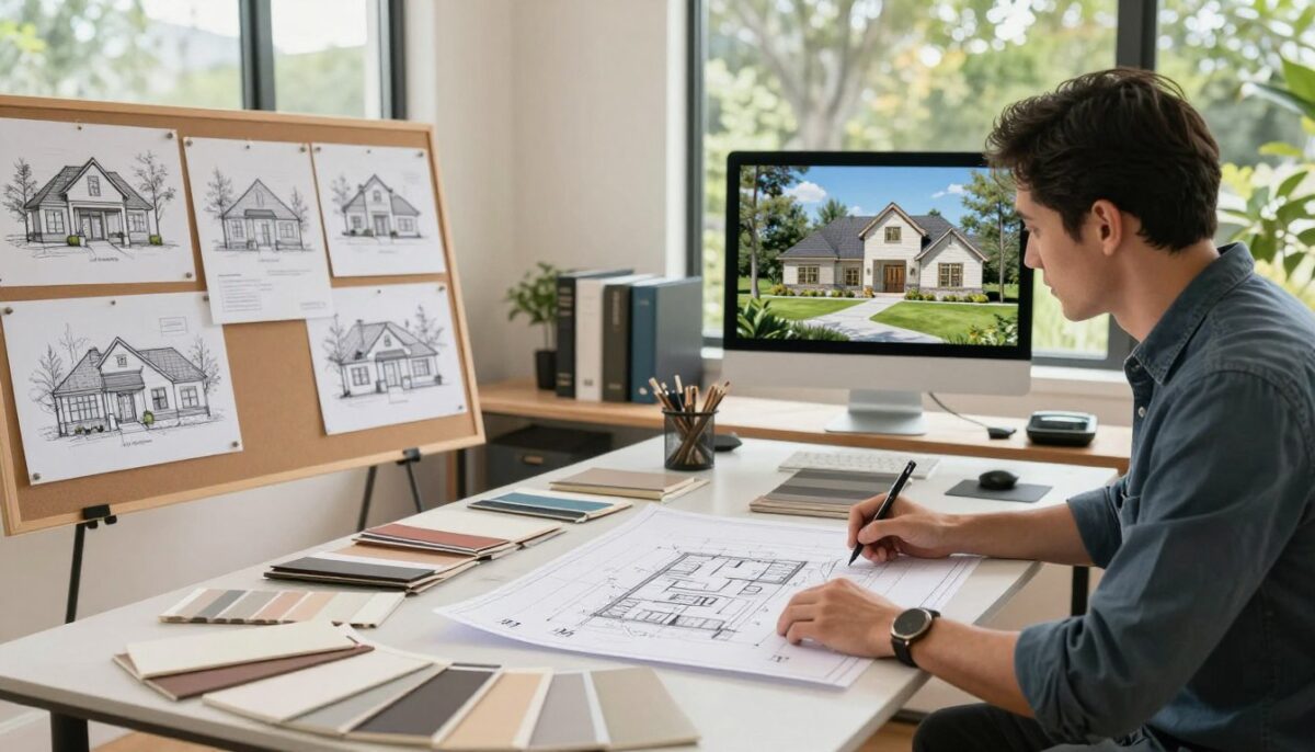 A highly detailed scene showcasing the custom home design process at WH Builders. In the foreground, an architect, dressed in smart casual attire, attentively reviews blueprints on a sleek table, surrounded by swatches of materials. The middle ground features a collaborative workspace, with sketches of Hill Country-inspired homes pinned on a design board. Natural light pours in through large windows, creating an airy atmosphere. In the background, a digital rendering of a beautiful Hill Country home is displayed on a computer screen, surrounded by lush greenery visible outside. The mood is focused and creative, emphasizing collaboration and innovation in home design. The overall composition captures the essence of thoughtful planning and artistry in custom home building. A highly detailed scene showcasing the custom home design process at WH Builders. In the foreground, an architect, dressed in smart casual attire, attentively reviews blueprints on a sleek table, surrounded by swatches of materials. The middle ground features a collaborative workspace, with sketches of Hill Country-inspired homes pinned on a design board. Natural light pours in through large windows, creating an airy atmosphere. In the background, a digital rendering of a beautiful Hill Country home is displayed on a computer screen, surrounded by lush greenery visible outside. The mood is focused and creative, emphasizing collaboration and innovation in home design. The overall composition captures the essence of thoughtful planning and artistry in custom home building.