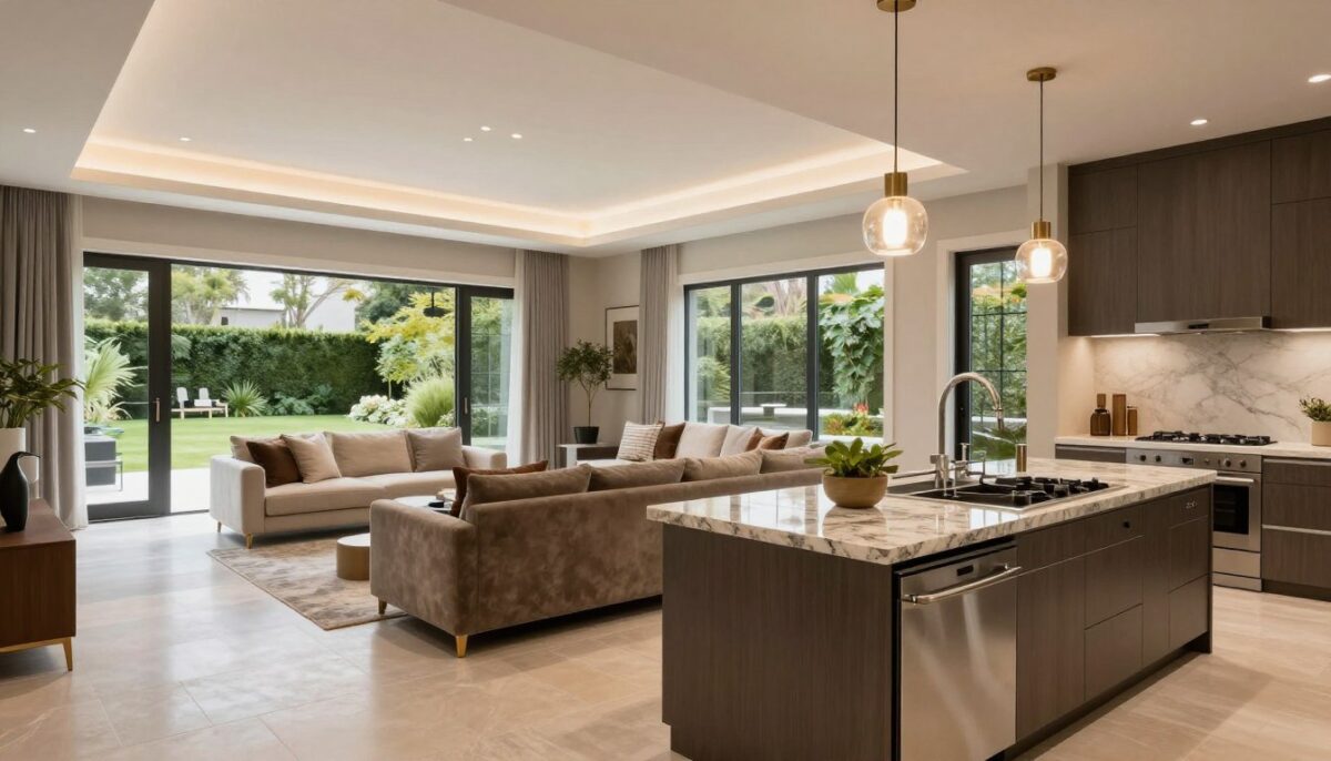 A luxurious custom home interior showcasing an open concept living space designed with high-end finishes. In the foreground, a sleek, modern kitchen with granite countertops and stainless steel appliances, accented by elegant pendant lighting. In the middle ground, a spacious living area furnished with plush sofas and decorative accents, featuring large windows that allow natural light to flood the space. In the background, a beautifully landscaped garden visible through the glass doors, adding a touch of nature. The ambiance is warm and inviting, with a soft color palette of neutrals and rich textures. The image is captured with a wide-angle lens, highlighting the grandeur and spaciousness from a slightly elevated angle, creating a captivating view of premium home design elements while ensuring a professional and refined atmosphere.