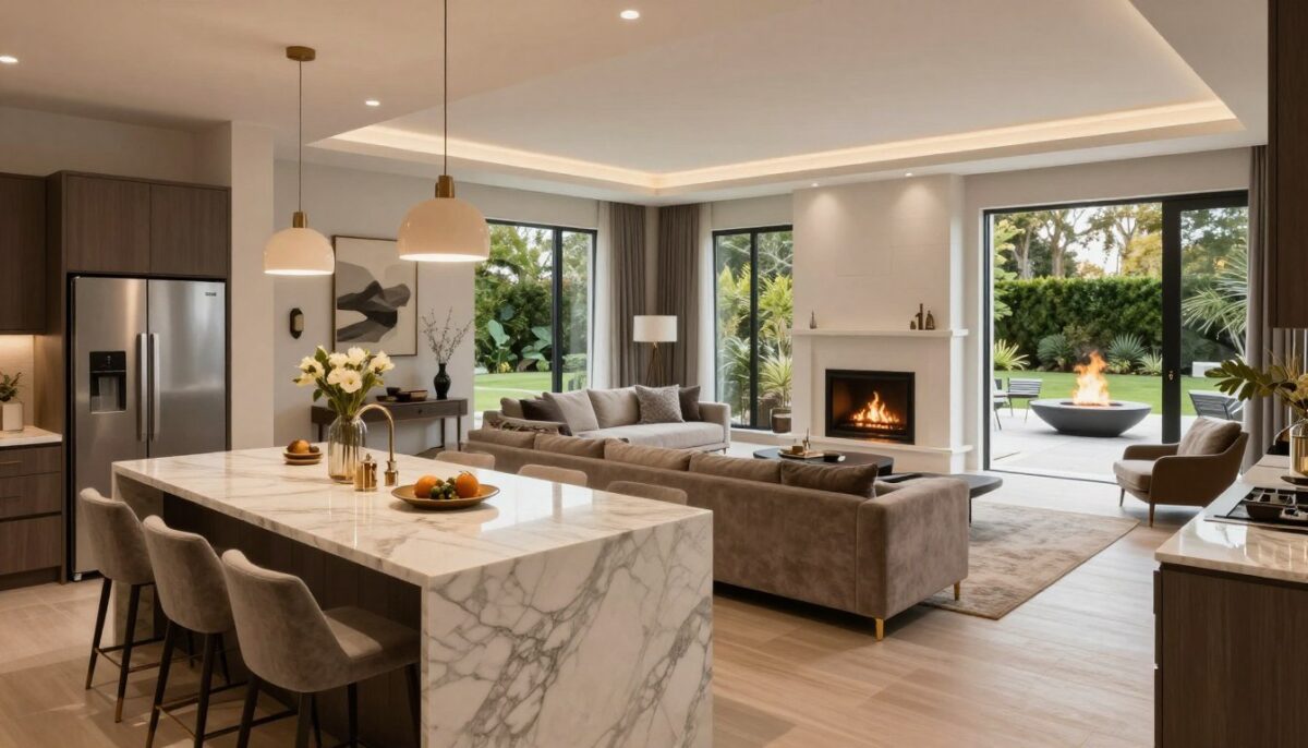 A luxurious living space featuring a beautifully remodeled open-concept kitchen and living room. In the foreground, a sleek marble kitchen island with elegant pendant lighting, modern appliances, and chic bar stools. In the middle, a spacious living area with stylish furniture, a cozy fireplace, and large windows allowing natural light to flood the room, creating a warm and inviting atmosphere. The background showcases an outdoor patio with lush greenery and a modern fire pit, seamlessly blending indoor and outdoor living. Soft, ambient lighting enhances the rich textures of fabrics and finishes, conveying sophistication and comfort. The scene is captured from a slightly elevated angle, creating depth and inviting the viewer to explore the luxurious remodeling possibilities. A luxurious living space featuring a beautifully remodeled open-concept kitchen and living room. In the foreground, a sleek marble kitchen island with elegant pendant lighting, modern appliances, and chic bar stools. In the middle, a spacious living area with stylish furniture, a cozy fireplace, and large windows allowing natural light to flood the room, creating a warm and inviting atmosphere. The background showcases an outdoor patio with lush greenery and a modern fire pit, seamlessly blending indoor and outdoor living. Soft, ambient lighting enhances the rich textures of fabrics and finishes, conveying sophistication and comfort. The scene is captured from a slightly elevated angle, creating depth and inviting the viewer to explore the luxurious remodeling possibilities.