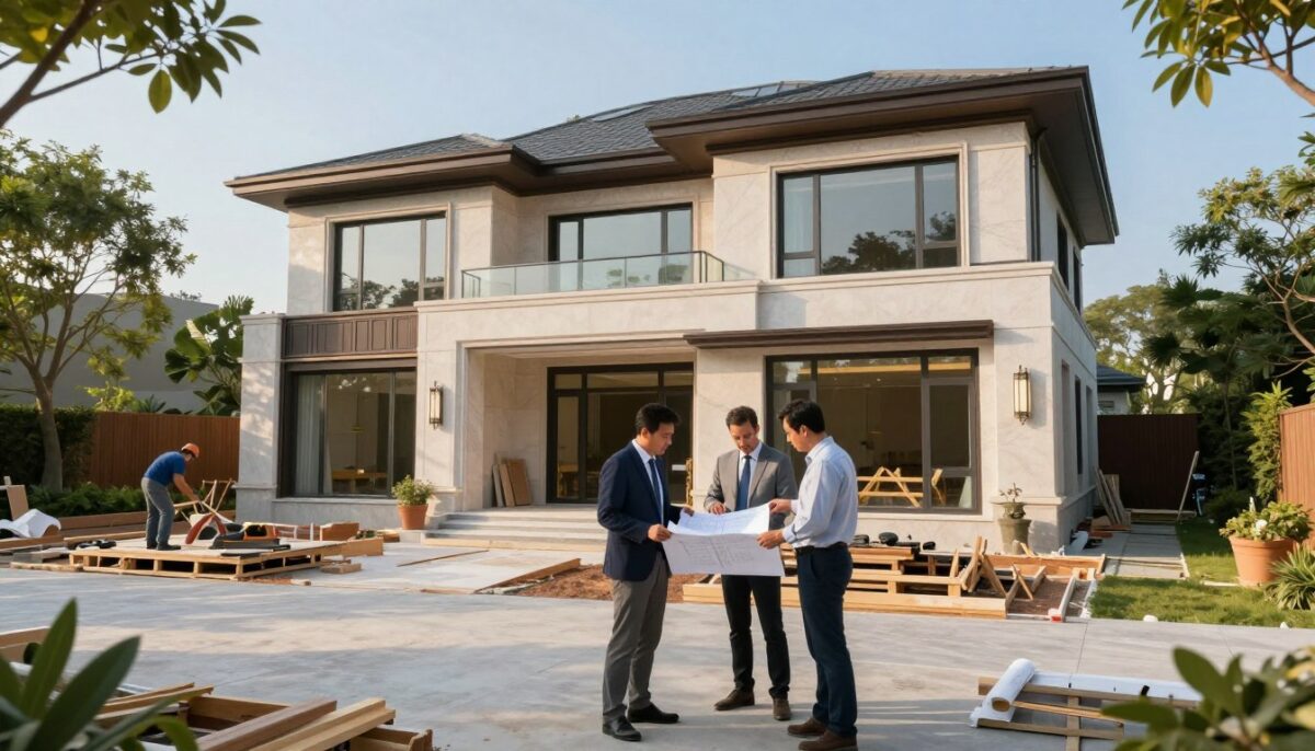 A luxurious modern home under construction, showcasing the highest standards of craftsmanship and design. In the foreground, professional builders in tasteful business attire are discussing plans at a sleek, well-organized worksite. In the middle ground, a beautifully designed facade of the house features large glass windows, elegant stonework, and contemporary architectural elements. The background reveals a landscaped garden with mature trees and lush greenery, set against a clear blue sky. The lighting is warm and inviting, with soft sunlight illuminating the scene for an inspiring and aspirational ambiance. The image captures the essence of luxury home building, highlighting quality and sophistication in every detail.