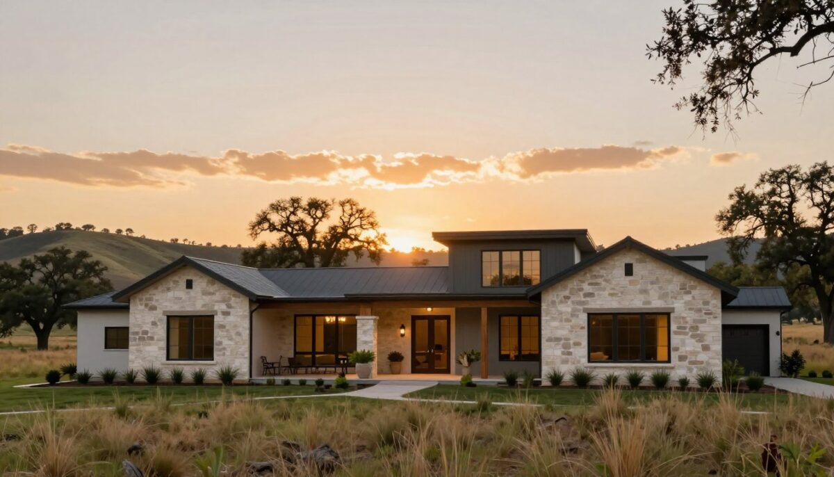 A modern Texas Hill Country custom home design set against a serene landscape. In the foreground, showcase a stylish, contemporary home with clean lines and large windows, featuring natural stone and wood accents. The entrance should have a wide porch, adorned with potted plants for a welcoming feel. In the middle ground, include gently rolling hills covered in native grasses and scattered oak trees, emphasizing the connection to nature. The background features a vibrant sunset casting warm golden hues across the sky, illuminating the scene with soft, natural light. Capture this idyllic setting from a slightly elevated angle, with a shallow depth of field to keep the focus on the home, evoking a sense of luxury and tranquility in a modern lifestyle.