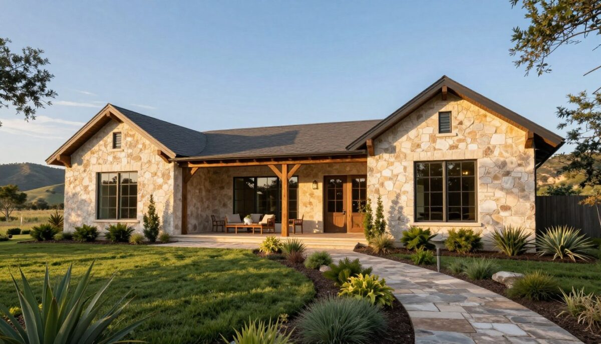 A modern Texas Hill Country home, showcasing elements of regional architecture. In the foreground, lush green landscaping with native plants and limestone pathways leads to a spacious, contemporary single-story home featuring large windows and a natural stone façade. The middle ground displays a covered porch with rustic wooden beams and a stylish outdoor seating area, exuding warmth and comfort. The background reveals gently rolling hills and a bright blue sky, capturing the serene landscape typical of the Hill Country. Soft golden hour lighting bathes the scene, creating a peaceful and inviting atmosphere. The photo is taken from a slightly elevated angle, emphasizing the home's design in harmony with its natural environment. The image is free of text and overlays, focusing solely on the beauty of the architecture and landscape. A modern Texas Hill Country home, showcasing elements of regional architecture. In the foreground, lush green landscaping with native plants and limestone pathways leads to a spacious, contemporary single-story home featuring large windows and a natural stone façade. The middle ground displays a covered porch with rustic wooden beams and a stylish outdoor seating area, exuding warmth and comfort. The background reveals gently rolling hills and a bright blue sky, capturing the serene landscape typical of the Hill Country. Soft golden hour lighting bathes the scene, creating a peaceful and inviting atmosphere. The photo is taken from a slightly elevated angle, emphasizing the home's design in harmony with its natural environment. The image is free of text and overlays, focusing solely on the beauty of the architecture and landscape.