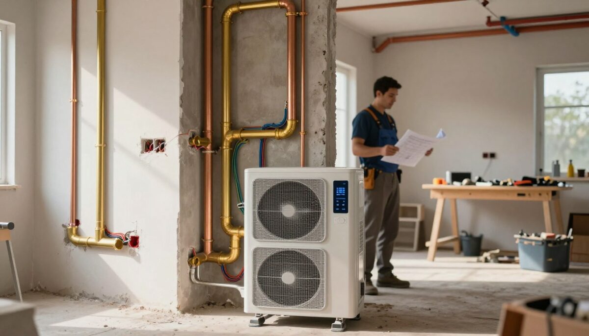 A modern home under renovation, showcasing a detailed view of plumbing, electrical, and HVAC upgrades. In the foreground, open walls reveal intricate plumbing pipes in shiny brass and copper, alongside colorful electrical wiring neatly bundled. Central to the scene, a sleek, newly installed HVAC unit with digital controls reflects the latest technology. The middle ground features a professional contractor in smart casual attire, inspecting blueprints and coordinating the work, while a workbench with tools is slightly blurred in the background. Soft, natural light filters through a nearby window, casting warm shadows that enhance the atmosphere of productivity and transformation. The overall mood is focused and industrious, capturing the essence of systematic upgrades in home renovation. A modern home under renovation, showcasing a detailed view of plumbing, electrical, and HVAC upgrades. In the foreground, open walls reveal intricate plumbing pipes in shiny brass and copper, alongside colorful electrical wiring neatly bundled. Central to the scene, a sleek, newly installed HVAC unit with digital controls reflects the latest technology. The middle ground features a professional contractor in smart casual attire, inspecting blueprints and coordinating the work, while a workbench with tools is slightly blurred in the background. Soft, natural light filters through a nearby window, casting warm shadows that enhance the atmosphere of productivity and transformation. The overall mood is focused and industrious, capturing the essence of systematic upgrades in home renovation.