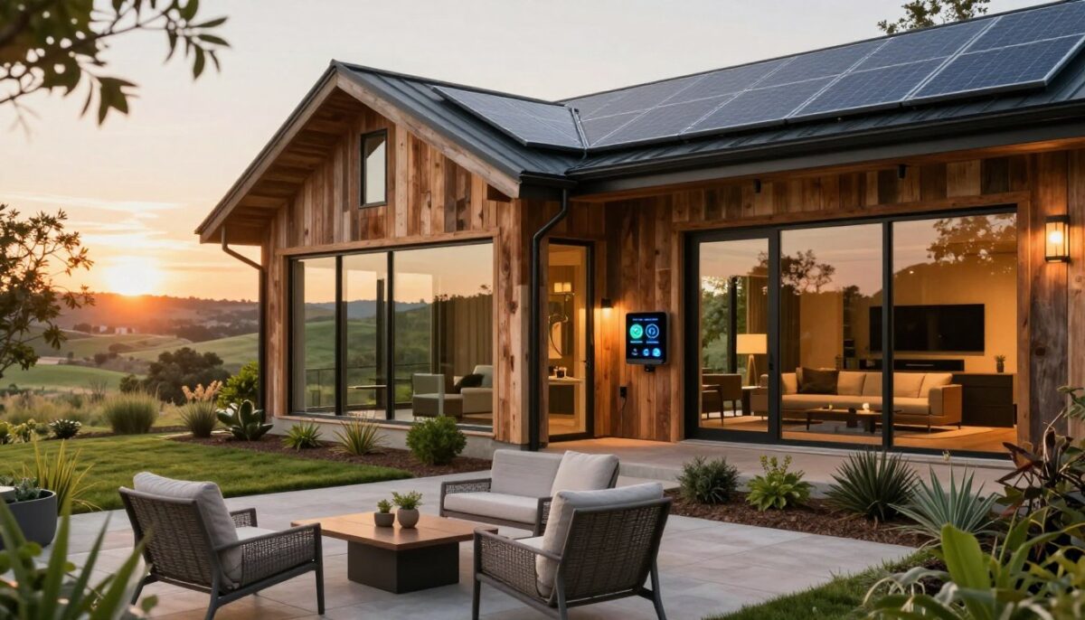 A modern, smart sustainable luxury home nestled in the Texas Hill Country, showcasing eco-friendly materials like reclaimed wood and solar panels. In the foreground, a sleek patio with stylish outdoor furniture and greenery, highlighting the connection between indoor comfort and nature. The middle ground features expansive glass walls that open to a stunning view of rolling hills and sunset light pouring in, enhancing the warm ambiance. Smart home technology is subtly integrated, with automated lighting and energy-efficient systems visible through the windows. The background includes low-maintenance landscaping with native plants, complementing the eco-conscious design. The mood is serene and inviting, evoking a sense of modern luxury blended with sustainable living. Use warm, golden hour lighting with a depth of field to create a soft focus on details. A modern, smart sustainable luxury home nestled in the Texas Hill Country, showcasing eco-friendly materials like reclaimed wood and solar panels. In the foreground, a sleek patio with stylish outdoor furniture and greenery, highlighting the connection between indoor comfort and nature. The middle ground features expansive glass walls that open to a stunning view of rolling hills and sunset light pouring in, enhancing the warm ambiance. Smart home technology is subtly integrated, with automated lighting and energy-efficient systems visible through the windows. The background includes low-maintenance landscaping with native plants, complementing the eco-conscious design. The mood is serene and inviting, evoking a sense of modern luxury blended with sustainable living. Use warm, golden hour lighting with a depth of field to create a soft focus on details.