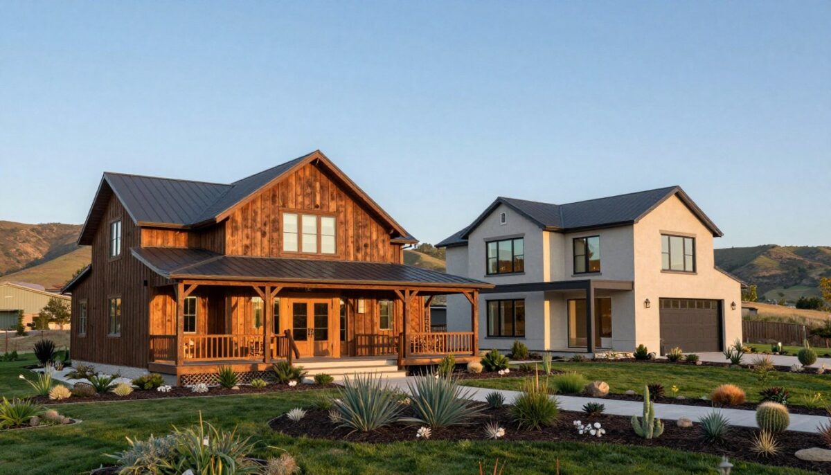 A picturesque scene featuring a ranch-style farmhouse and a sleek modern house plan side by side, showcasing architectural harmony. In the foreground, the farmhouse with its rustic wooden facade and expansive porch invites a warm atmosphere, while the modern house, with clean lines and large glass windows, reflects contemporary living. The middle ground consists of a well-manicured garden, with native plants and pathways connecting the two dwellings. In the background, rolling hills and a clear blue sky complete the idyllic setting. The lighting is soft and natural, suggesting a late afternoon glow, emphasizing the warmth and comfort of home. The angle captures both houses prominently, creating a balance between traditional and modern design elements to illustrate customizable living spaces.