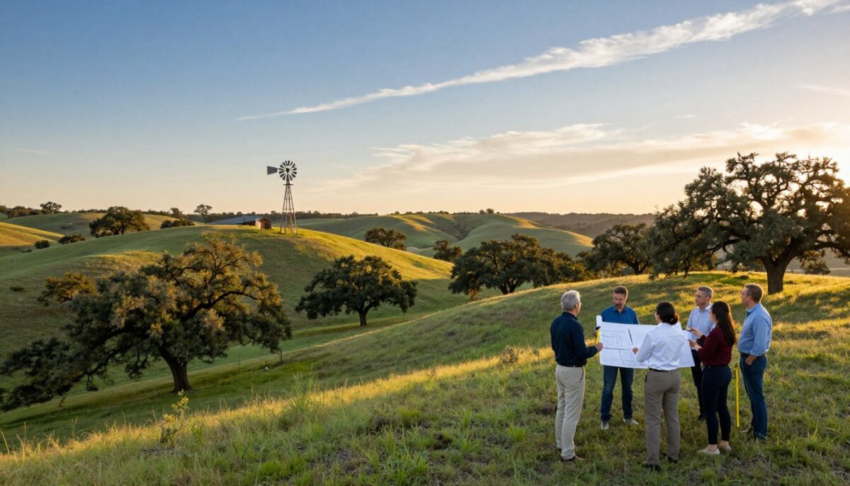A serene Texas Hill Country landscape during the golden hour, showcasing a gently rolling terrain dotted with lush greenery and clusters of live oak trees. In the foreground, a small group of professionals in smart casual attire are observing the land, holding architectural plans and measuring tools. The middle ground features a rustic windmill, symbolizing the area's heritage, with a clear blue sky above and wisps of clouds. The background reveals distant hills with a warm sunset casting long shadows, evoking a tranquil and inviting atmosphere. The image should have soft, natural lighting to highlight the features of the terrain, shot from a slightly elevated angle to capture the vastness of the landscape.