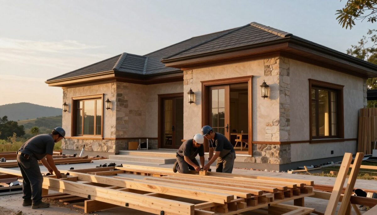 A serene construction site showcasing luxury craftsmanship in a custom home environment. In the foreground, skilled artisans in professional attire expertly work on intricate woodwork, highlighting the attention to detail. The middle ground features partially constructed walls adorned with elegant trim and high-end materials, showcasing rich textures like natural stone and premium hardwood. The background reveals a picturesque landscape with rolling hills under a warm, golden hour glow, casting soft shadows and enhancing the inviting atmosphere. The scene is shot from a low-angle perspective, emphasizing the grandeur of the emerging home while focused on the craftsmanship at work. The overall mood conveys a sense of dedication, quality, and the beauty of artisanal construction.