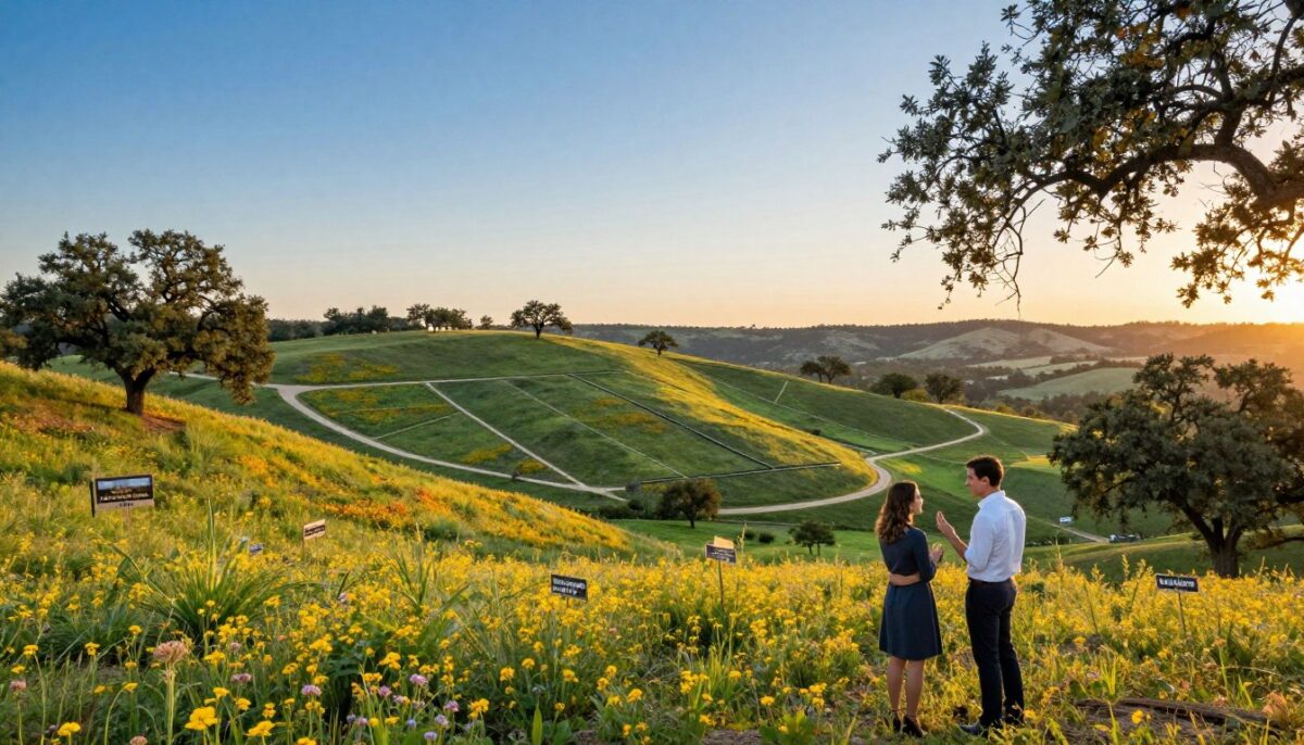 A serene landscape showcasing the San Antonio Hill Country, featuring rolling hills adorned with vibrant wildflowers in full bloom. In the foreground, a couple in smart casual attire discusses their lot selection, standing on a gently sloping terrain with clear blue skies above. The middle ground showcases several prime building lots with signs indicating potential home sites, framed by mature oak trees and native Texas flora. In the background, a stunning view of distant hills and a picturesque sunset casts warm golden hues across the scene. The lighting is soft and inviting, capturing the tranquil atmosphere of the region, while the overall composition conveys a sense of possibility and excitement for building a luxury custom home.