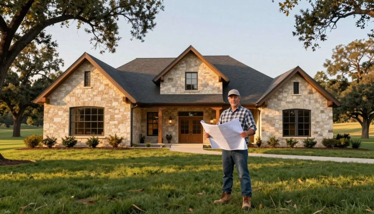 A skilled craftsman stands proudly in front of a newly built modern ranch home in the scenic Texas Hill Country. The foreground showcases the builder, a middle-aged man in a crisp plaid shirt and work boots, holding a set of blueprints. In the middle ground, the home features a blend of traditional stonework and contemporary wooden accents, set against lush green grass and sprawling oak trees. The background reveals rolling hills bathed in warm golden sunlight during the golden hour, enhancing the inviting atmosphere. The scene is well-composed with natural lighting, capturing the essence of quality craftsmanship. Use a slightly wide-angle perspective to emphasize the spaciousness of the property and provide a sense of tranquility and pride in the art of homebuilding. A skilled craftsman stands proudly in front of a newly built modern ranch home in the scenic Texas Hill Country. The foreground showcases the builder, a middle-aged man in a crisp plaid shirt and work boots, holding a set of blueprints. In the middle ground, the home features a blend of traditional stonework and contemporary wooden accents, set against lush green grass and sprawling oak trees. The background reveals rolling hills bathed in warm golden sunlight during the golden hour, enhancing the inviting atmosphere. The scene is well-composed with natural lighting, capturing the essence of quality craftsmanship. Use a slightly wide-angle perspective to emphasize the spaciousness of the property and provide a sense of tranquility and pride in the art of homebuilding.