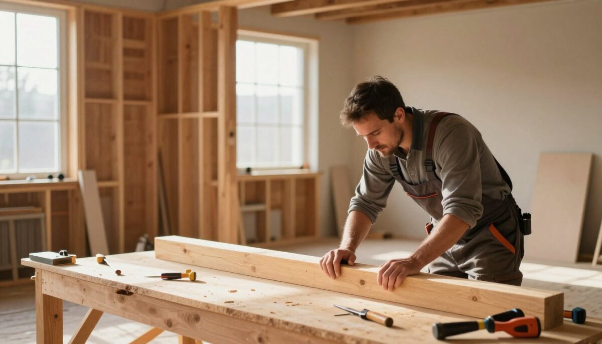 A skilled craftsman working meticulously on a home renovation, showcasing elements of traditional craftsmanship in a sunlit room. In the foreground, a carpenter in professional attire carefully inspects a wooden beam, tools scattered artistically around him. The middle layer features half-finished walls adorned with exposed wooden framing, emphasizing attention to detail and quality materials. In the background, large windows illuminate the space, casting warm natural light that highlights the rich textures of wood and soft tones of paint. The atmosphere is one of dedication and artistry, reflecting a sense of pride in home construction, with rustic yet refined aesthetics. The image should evoke feelings of trust and investment in craftsmanship. A skilled craftsman working meticulously on a home renovation, showcasing elements of traditional craftsmanship in a sunlit room. In the foreground, a carpenter in professional attire carefully inspects a wooden beam, tools scattered artistically around him. The middle layer features half-finished walls adorned with exposed wooden framing, emphasizing attention to detail and quality materials. In the background, large windows illuminate the space, casting warm natural light that highlights the rich textures of wood and soft tones of paint. The atmosphere is one of dedication and artistry, reflecting a sense of pride in home construction, with rustic yet refined aesthetics. The image should evoke feelings of trust and investment in craftsmanship.