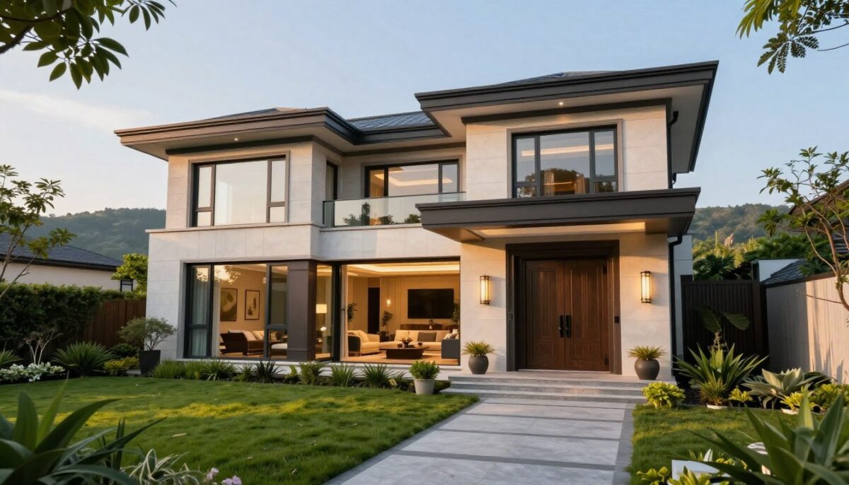 A stunning luxury house plan featuring distinctive architectural character, showcasing a contemporary design with clean lines and expansive glass facades. In the foreground, lush greenery and a manicured garden envelop the entrance, while a stylish pathway leads to a grand front door. The middle section highlights an open-concept living space with large windows inviting natural light, showing a blend of modern furnishings and elegant decor. In the background, soft hills and a blue sky create a serene atmosphere. The scene is illuminated with warm, golden hour lighting, enhancing the house's features. Capture a low-angle view to emphasize the height and grandeur of the architectural details, fostering a sense of aspiration and elegance in the image.