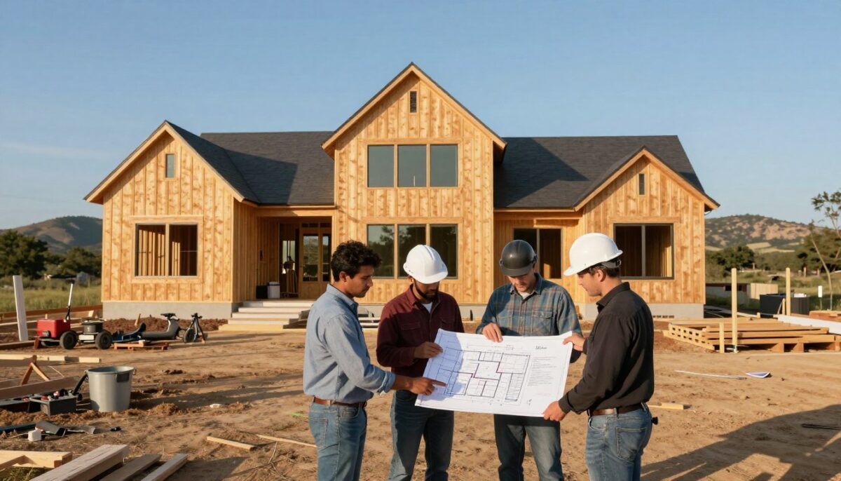 A sunlit construction site in the Texas Hill Country, showcasing the WH Builders custom homebuilding process. In the foreground, a diverse team of three builders in smart casual outfits is actively discussing blueprints and plans, with one person pointing to the foundational layout. The middle ground features a partially constructed modern ranch home made of wood with large windows, emphasizing modern architecture, surrounded by tools and materials. In the background, rolling hills under a clear blue sky create a serene landscape, while the warm afternoon light casts soft shadows enhancing the inviting atmosphere. The scene captures teamwork, professionalism, and the beauty of homebuilding in a natural setting, photographed with a wide-angle lens to encompass the entire site. A sunlit construction site in the Texas Hill Country, showcasing the WH Builders custom homebuilding process. In the foreground, a diverse team of three builders in smart casual outfits is actively discussing blueprints and plans, with one person pointing to the foundational layout. The middle ground features a partially constructed modern ranch home made of wood with large windows, emphasizing modern architecture, surrounded by tools and materials. In the background, rolling hills under a clear blue sky create a serene landscape, while the warm afternoon light casts soft shadows enhancing the inviting atmosphere. The scene captures teamwork, professionalism, and the beauty of homebuilding in a natural setting, photographed with a wide-angle lens to encompass the entire site.
