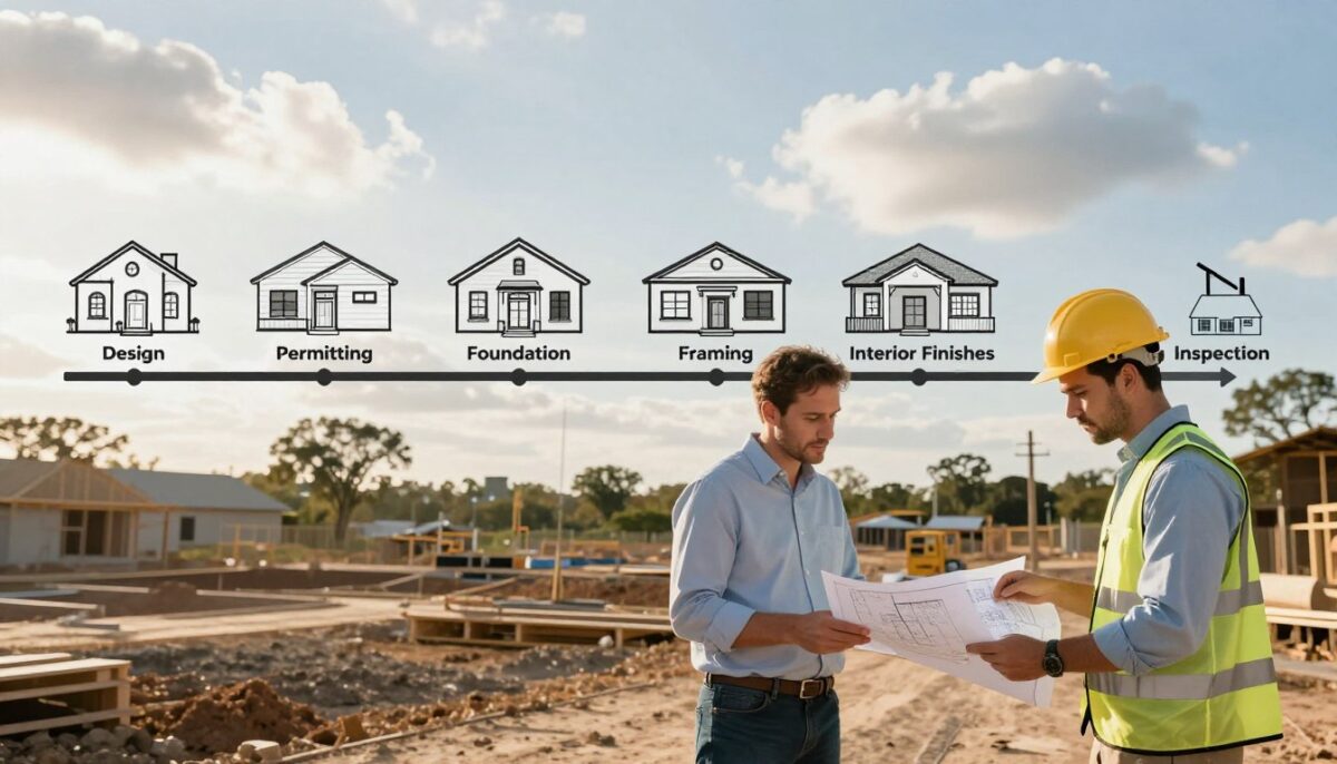 A visually engaging custom home construction timeline diagram, showcasing various stages of building a custom home, intricately detailed. In the foreground, feature a professional architect and a contractor discussing plans, both dressed in smart casual attire. The middle layer includes distinct sections of the timeline labeled with phases such as "Design," "Permitting," "Foundation," "Framing," "Interior Finishes," and "Final Inspection," depicted with clear icons and arrows to indicate progression. The background highlights a serene construction site in San Antonio, with partly cloudy skies, warm sunlight filtering through, providing a sense of optimism. The overall mood is informative and motivating, emphasizing planning and organization in home building. Focus on a balanced composition using a slightly elevated angle to capture all elements effectively.
