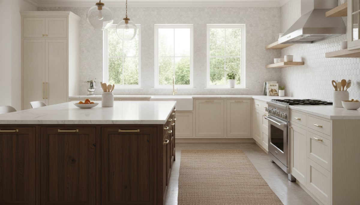 A bright and airy semi-custom kitchen design featuring a mix of cabinetry styles and finishes. In the foreground, a large kitchen island with elegant, dark wood cabinetry contrasts with lighter, textured shaker-style cabinets in the background. The countertop is a stunning white quartz, reflecting natural light coming through large windows. Thoughtfully arranged kitchen utensils and decorative items add warmth. The middle section showcases a modern, stylish backsplash with intricate tile work. Pendant lighting hangs above the island, casting a soft glow. The atmosphere is inviting and sophisticated, perfect for family gatherings or entertaining guests. The angle captures the entire kitchen space, emphasizing its design flexibility and contemporary aesthetic. A bright and airy semi-custom kitchen design featuring a mix of cabinetry styles and finishes. In the foreground, a large kitchen island with elegant, dark wood cabinetry contrasts with lighter, textured shaker-style cabinets in the background. The countertop is a stunning white quartz, reflecting natural light coming through large windows. Thoughtfully arranged kitchen utensils and decorative items add warmth. The middle section showcases a modern, stylish backsplash with intricate tile work. Pendant lighting hangs above the island, casting a soft glow. The atmosphere is inviting and sophisticated, perfect for family gatherings or entertaining guests. The angle captures the entire kitchen space, emphasizing its design flexibility and contemporary aesthetic.