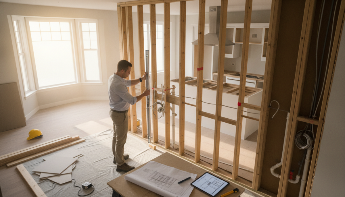A detailed scene depicting a professional load-bearing wall inspection in a residential home. In the foreground, a qualified inspector in smart casual attire examines a structural wall, using a level and blueprints. The middle ground features various building materials like drywall and exposed studs, showcasing the complexity of the wall structure. In the background, a well-lit kitchen space is partially visible, hinting at the open-concept design aimed for post-inspection. Soft, natural lighting enters through a nearby window, creating a warm atmosphere. The angle is slightly overhead, allowing the viewer to appreciate both the inspection process and the potential kitchen layout. The overall mood is focused and professional, highlighting the seriousness of adhering to local building codes. A detailed scene depicting a professional load-bearing wall inspection in a residential home. In the foreground, a qualified inspector in smart casual attire examines a structural wall, using a level and blueprints. The middle ground features various building materials like drywall and exposed studs, showcasing the complexity of the wall structure. In the background, a well-lit kitchen space is partially visible, hinting at the open-concept design aimed for post-inspection. Soft, natural lighting enters through a nearby window, creating a warm atmosphere. The angle is slightly overhead, allowing the viewer to appreciate both the inspection process and the potential kitchen layout. The overall mood is focused and professional, highlighting the seriousness of adhering to local building codes.