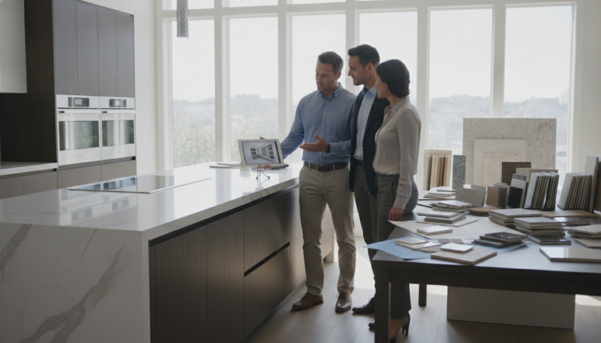 A modern kitchen remodeling contractor meeting with clients in a bright, contemporary kitchen. In the foreground, a contractor in a smart casual outfit holds a tablet, discussing design plans with a couple dressed in business casual. The middle features a stylish kitchen island with sleek cabinetry, stainless-steel appliances, and a mix of natural light streaming in from large windows. The background showcases a carefully organized workspace with samples of countertops, tiles, and backsplash materials. The scene is well-lit, emphasizing the cheerful and collaborative atmosphere. Capture from a slightly angled perspective to add depth, with a soft focus on the background to keep attention on the engaging interaction in the foreground. A modern kitchen remodeling contractor meeting with clients in a bright, contemporary kitchen. In the foreground, a contractor in a smart casual outfit holds a tablet, discussing design plans with a couple dressed in business casual. The middle features a stylish kitchen island with sleek cabinetry, stainless-steel appliances, and a mix of natural light streaming in from large windows. The background showcases a carefully organized workspace with samples of countertops, tiles, and backsplash materials. The scene is well-lit, emphasizing the cheerful and collaborative atmosphere. Capture from a slightly angled perspective to add depth, with a soft focus on the background to keep attention on the engaging interaction in the foreground.