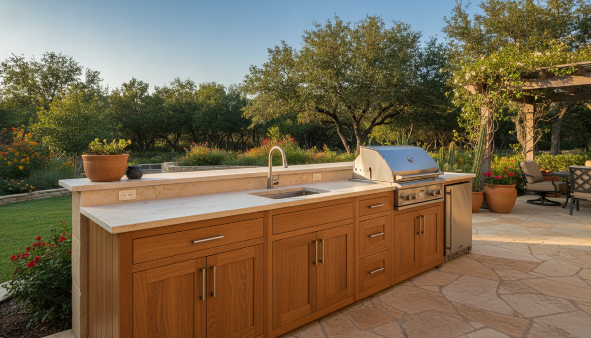 A beautifully designed outdoor kitchen featuring sturdy cabinetry built to withstand Texas summers. In the foreground, sleek, weather-resistant cabinets made of high-quality composite, finished in a warm wood tone, showcase intricate details like brushed metal handles. The middle ground highlights a stylish stone countertop, with a built-in grill and an elegant sink subtly integrated into the cabinetry. Soft natural lighting illuminates the scene, reflecting the late afternoon sun, creating a warm and inviting atmosphere. In the background, a lush green garden complements the outdoor setting, with a clear blue sky enhancing the vibrant colors. The composition should evoke a sense of comfort and readiness for entertaining in a picturesque outdoor environment. A beautifully designed outdoor kitchen featuring sturdy cabinetry built to withstand Texas summers. In the foreground, sleek, weather-resistant cabinets made of high-quality composite, finished in a warm wood tone, showcase intricate details like brushed metal handles. The middle ground highlights a stylish stone countertop, with a built-in grill and an elegant sink subtly integrated into the cabinetry. Soft natural lighting illuminates the scene, reflecting the late afternoon sun, creating a warm and inviting atmosphere. In the background, a lush green garden complements the outdoor setting, with a clear blue sky enhancing the vibrant colors. The composition should evoke a sense of comfort and readiness for entertaining in a picturesque outdoor environment.