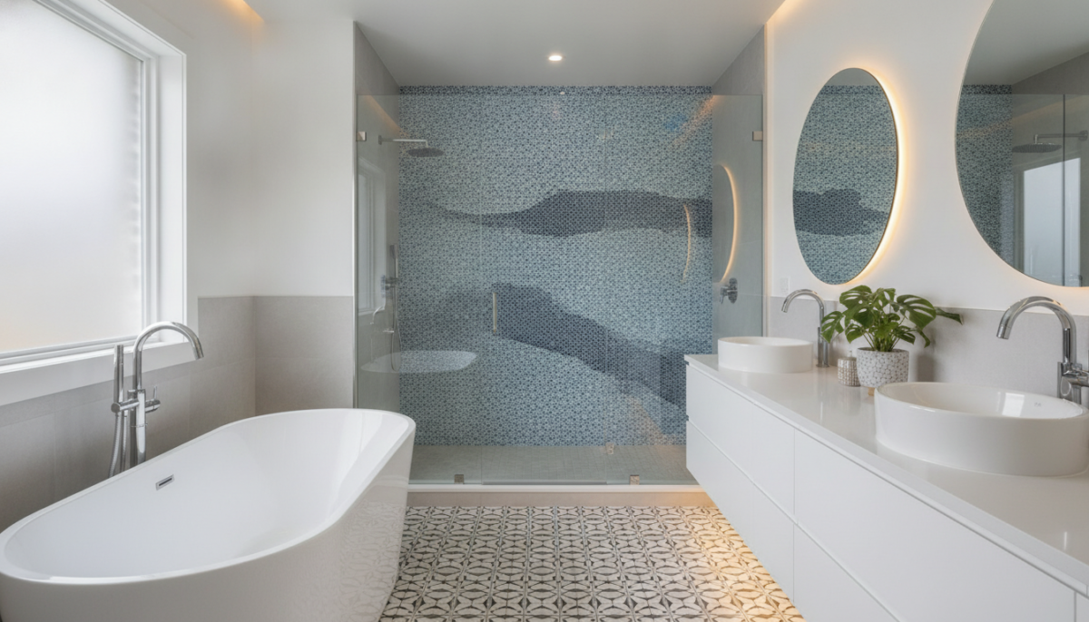 A beautifully remodeled bathroom showcasing modern design elements. In the foreground, a freestanding soaking tub with elegant fixtures sits atop patterned tiles, reflecting soft, natural light from a nearby window. The middle ground features a double vanity with sleek, white cabinetry and polished chrome hardware, adorned with fresh, green potted plants for a touch of nature. The backdrop reveals a stylish, walk-in shower with frameless glass doors and intricate mosaic tiles. Warm, ambient lighting creates a calming atmosphere, while clean lines and a neutral color palette enhance the contemporary feel. The scene is captured from a slightly elevated angle, providing a comprehensive view of the space, evoking a sense of luxury and comfort, perfect for homeowners considering a bathroom remodel.