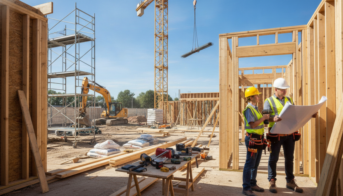 A construction site in the middle of a remodeling phase, featuring workers in professional attire engaged in various tasks. In the foreground, a male construction worker inspects blueprints while a female worker operates a power drill on a newly framed wall. The middle ground showcases exposed beams and scaffolding, with tools and materials like wood and concrete scattered around. In the background, heavy machinery such as a crane lifts materials, and a clear blue sky provides natural lighting to illuminate the scene. The atmosphere is one of focused activity and progress, capturing the energy and dedication of a bustling construction site during a home renovation. жок A construction site in the middle of a remodeling phase, featuring workers in professional attire engaged in various tasks. In the foreground, a male construction worker inspects blueprints while a female worker operates a power drill on a newly framed wall. The middle ground showcases exposed beams and scaffolding, with tools and materials like wood and concrete scattered around. In the background, heavy machinery such as a crane lifts materials, and a clear blue sky provides natural lighting to illuminate the scene. The atmosphere is one of focused activity and progress, capturing the energy and dedication of a bustling construction site during a home renovation. жок