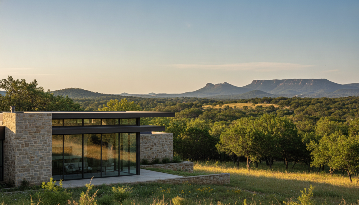 A serene Texas Hill Country landscape showcasing modern architectural design. In the foreground, a sleek, contemporary home made of local stone and large glass windows, harmonizing with its natural surroundings. The middle ground features gently rolling hills dotted with native cedar and oak trees, their vibrant greenery reflecting the warm sunlight. In the background, a clear blue sky stretches over distant mountains, adding depth to the scene. The lighting is soft and warm, suggesting late afternoon, with shadows enhancing the textures of the architecture. The mood conveys a sense of tranquility and thoughtful design, emphasizing the balance between modern living and the natural environment. No people present, just the elegant interplay of architecture and nature.