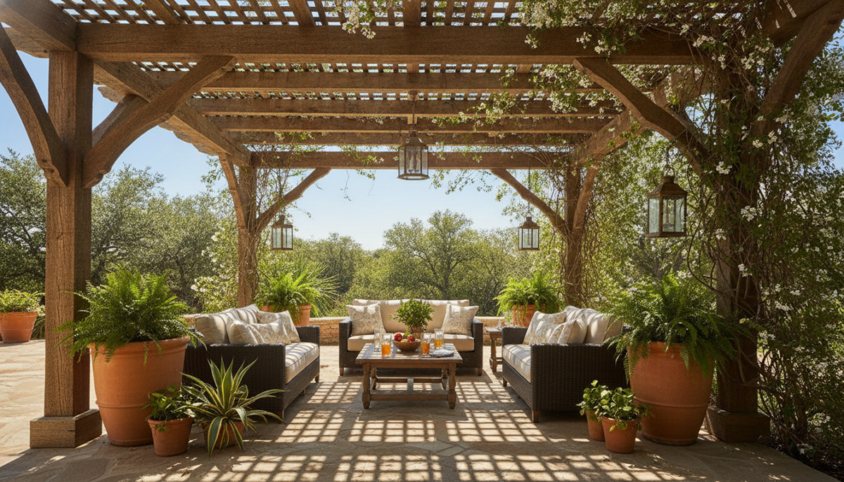 A spacious outdoor shade structure designed for a Texas patio, showcasing a sturdy wooden pergola with artistic beams, casting intricate shadows on a smooth stone floor. In the foreground, lush green potted plants and comfortable outdoor furniture invite relaxation. The middle ground features the pergola adorned with climbing vines and hanging lanterns, exuding a rustic charm. The background captures a clear blue sky with intense sunlight, emphasizing the need for shade in the Texas climate. The atmosphere is warm and inviting, with golden sunlight filtering through the structure, illuminating the scene. The angle is slightly elevated, providing a broad perspective of the shaded area, conveying a sense of durability and tranquility.